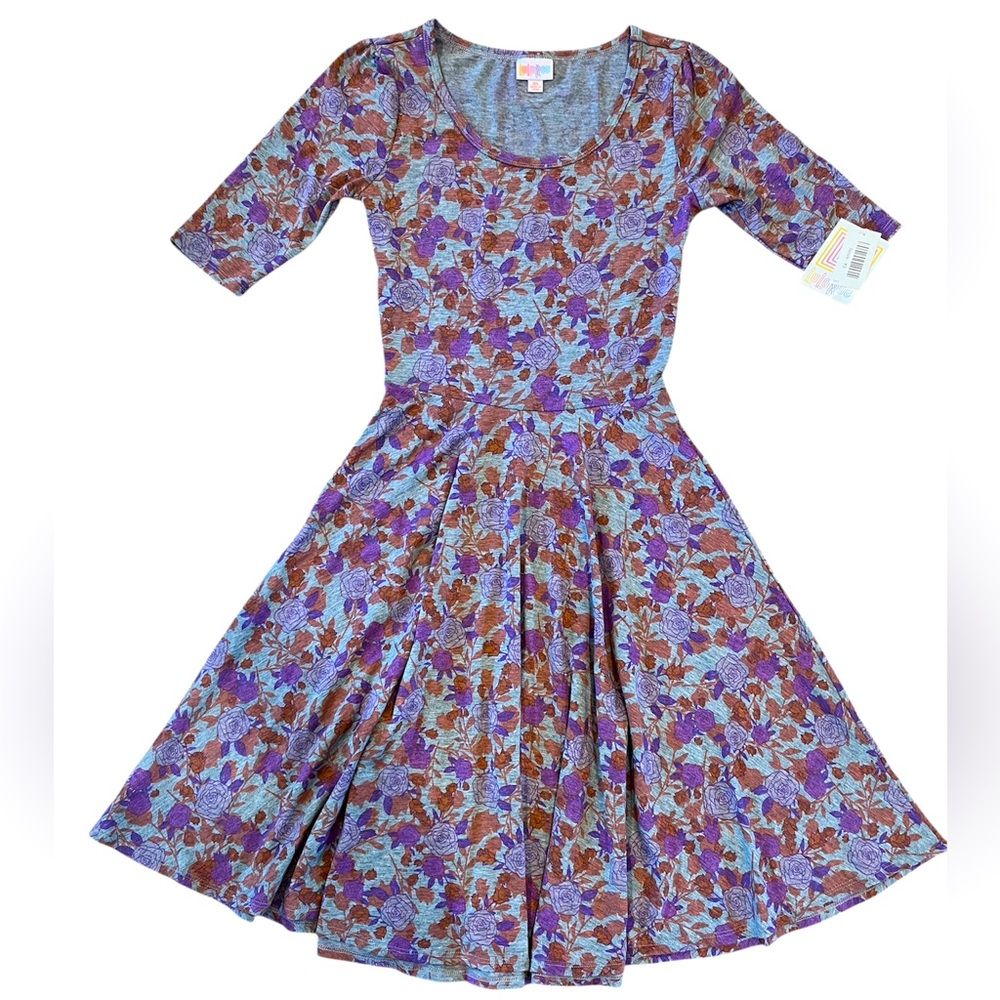 LuLaRoe Nicole Midi Casual Dress - Gray, Pink and Violet Floral - Size XS